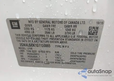 2016 Chevrolet Equinox Ls z USA, uszkodzony, nr VIN 2GNALBEK1G1120865